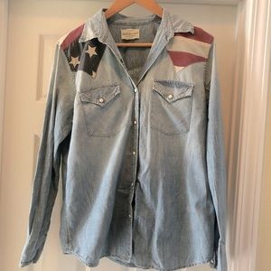 Long sleeve button up Jean shirt w/ American flag